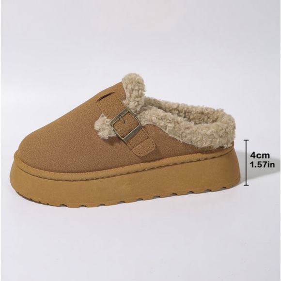 Brown Plush Buckle Slip On Shoes with Platform Indoor/Outdoor Slippers - Picture 3 of 8